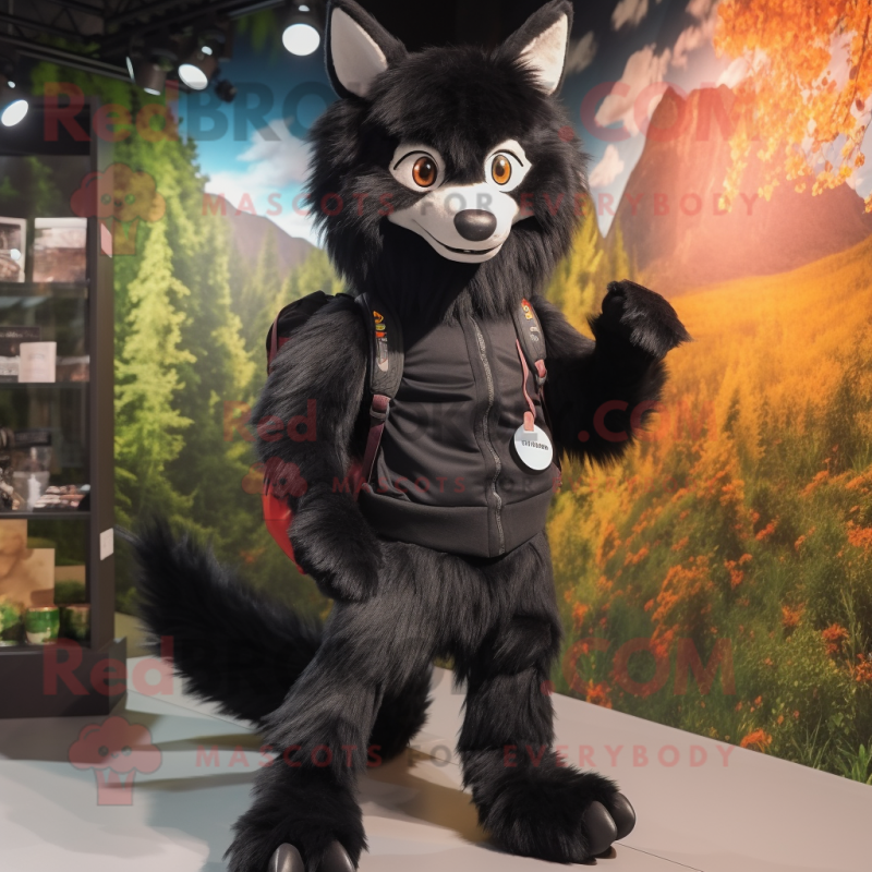 Black Fox mascot costume character dressed with a Trousers and Backpacks