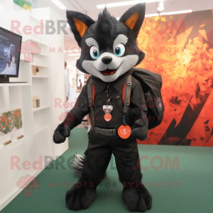 Black Fox mascot costume character dressed with a Trousers and Backpacks