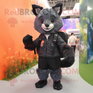 Black Fox mascot costume character dressed with a Trousers and Backpacks