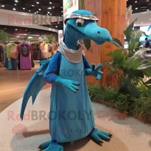 Cyan Dimorphodon mascot costume character dressed with a Maxi Dress and Headbands