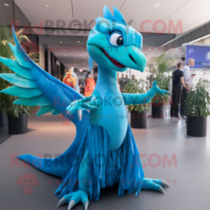 Cyan Dimorphodon mascot costume character dressed with a Maxi Dress and Headbands