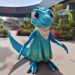 Cyan Dimorphodon mascot costume character dressed with a Maxi Dress and Headbands