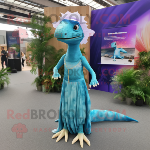 Cyan Dimorphodon mascot costume character dressed with a Maxi Dress and Headbands