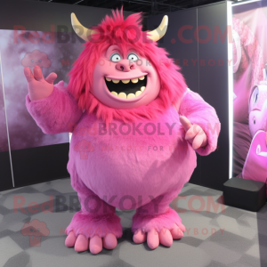 Pink Ogre mascot costume character dressed with a Wrap Skirt and Hair clips