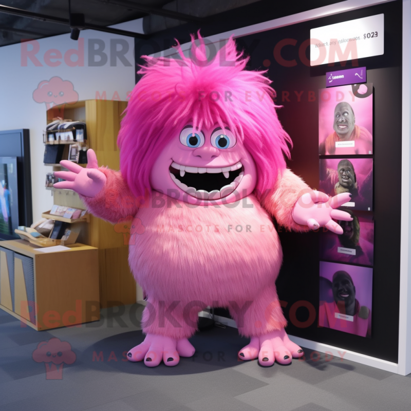 Pink Ogre mascot costume character dressed with a Wrap Skirt and Hair clips Pink Ogre mascot costume character dressed with a Wrap Skirt and Hair clips