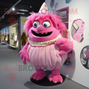 Pink Ogre mascot costume character dressed with a Wrap Skirt and Hair clips