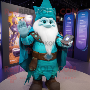 Turquoise Wizard mascot costume character dressed with a Leggings and Digital watches