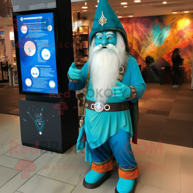 Turquoise Wizard mascot costume character dressed with a Leggings and Digital watches