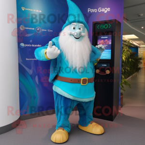 Turquoise Wizard mascot costume character dressed with a Leggings and Digital watches