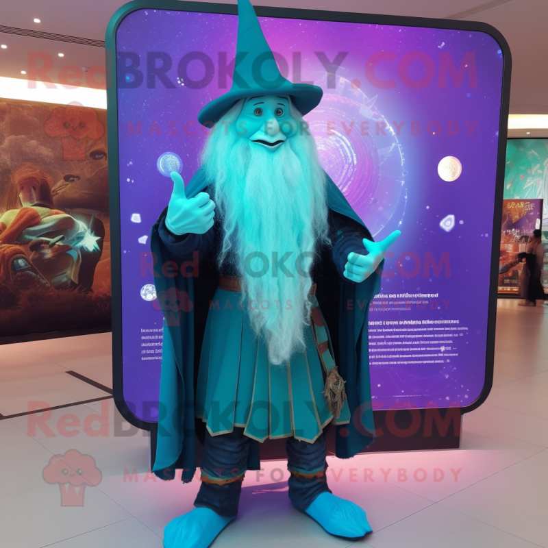 Turquoise Wizard mascot costume character dressed with a Leggings and Digital watches