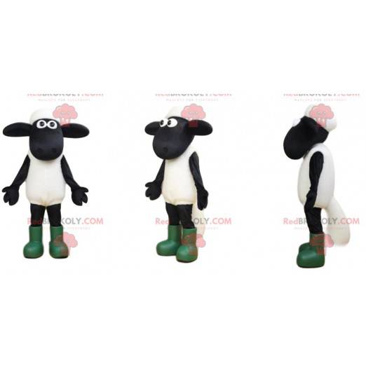 White and black sheep mascot with big eyes and boots -