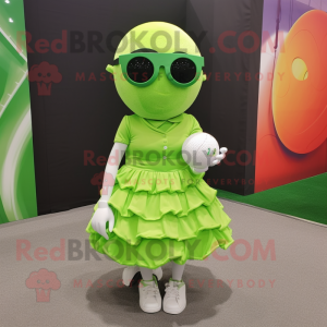 Lime Green Golf Ball mascot costume character dressed with a Mini Dress and Sunglasses