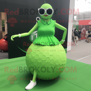 Lime Green Golf Ball mascot costume character dressed with a Mini Dress and Sunglasses