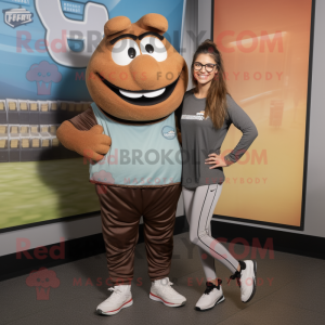 Brown Pulled Pork Sandwich mascot costume character dressed with a Yoga Pants and Shoe laces