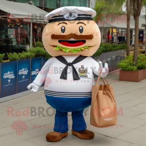 Navy Hamburger mascot costume character dressed with a T-Shirt and Tote bags