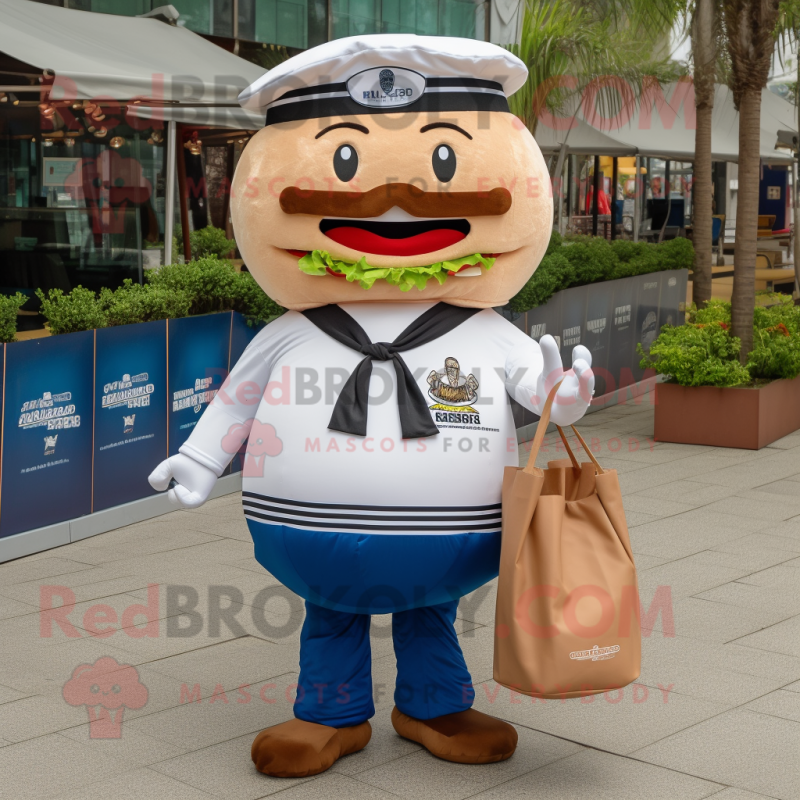 Navy Hamburger mascot costume character dressed with a T-Shirt and Tote bags Navy Hamburger mascot costume character dressed with a T-Shirt and Tote bags