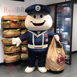 Navy Hamburger mascot costume character dressed with a T-Shirt and Tote bags