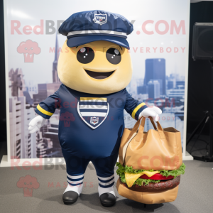 Navy Hamburger mascot costume character dressed with a T-Shirt and Tote bags