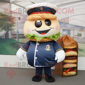 Navy Hamburger mascot costume character dressed with a T-Shirt and Tote bags