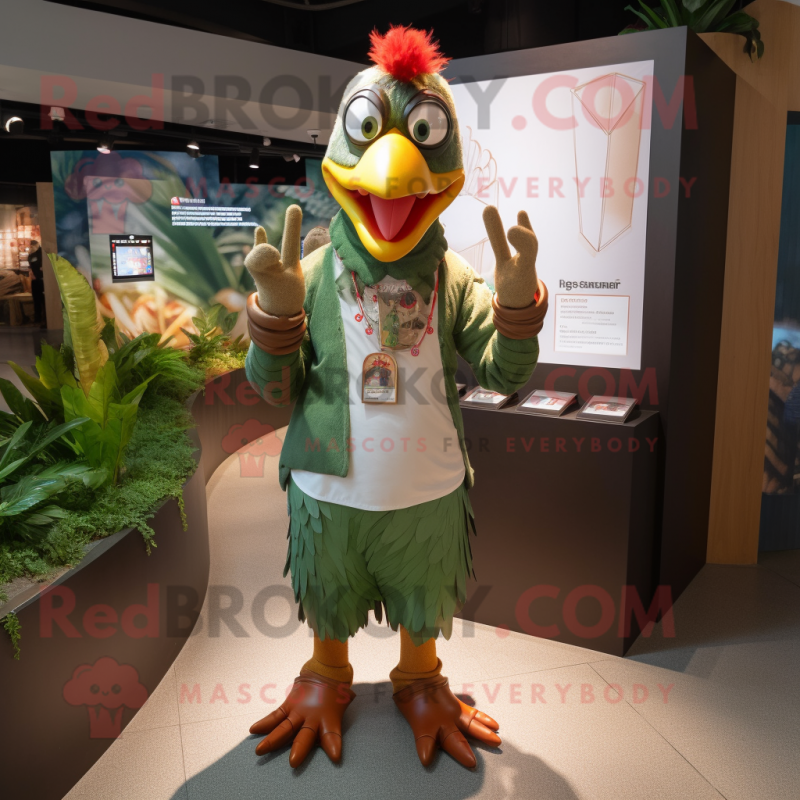 Olive Rooster mascot costume character dressed with a Graphic Tee and Bracelets