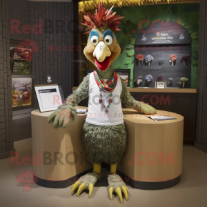 Olive Rooster mascot costume character dressed with a Graphic Tee and Bracelets