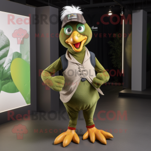 Olive Rooster mascot costume character dressed with a Graphic Tee and Bracelets