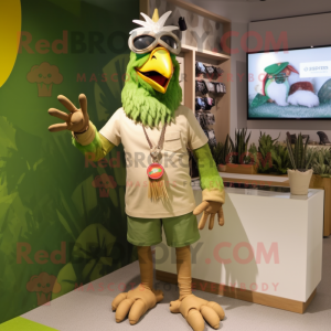 Olive Rooster mascot costume character dressed with a Graphic Tee and Bracelets