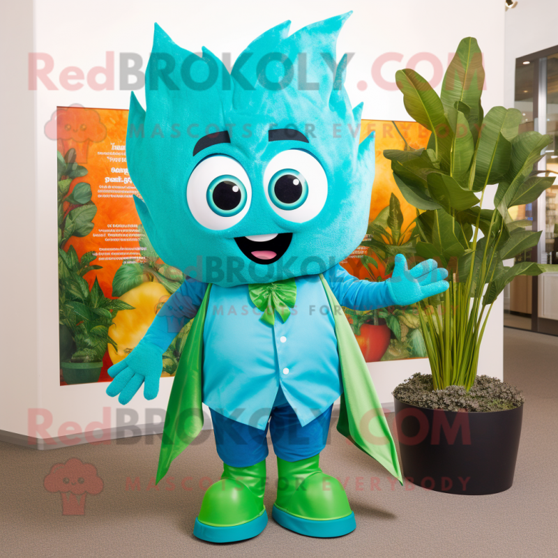 Turquoise Spinach mascot costume character dressed with a Flare Jeans and Ties Turquoise Spinach mascot costume character dressed with a Flare Jeans and Ties
