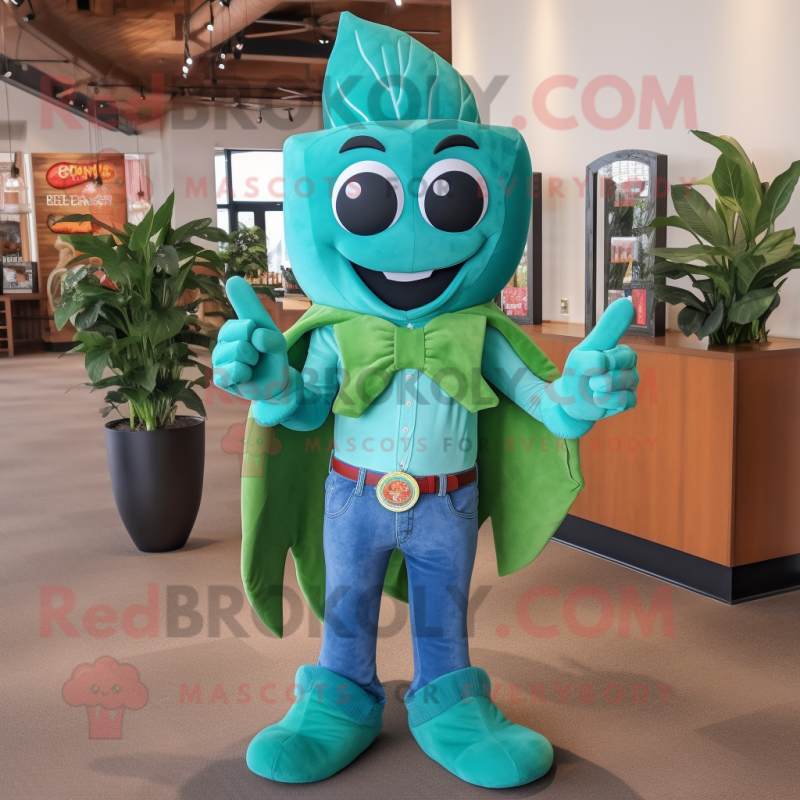 Turquoise Spinach mascot costume character dressed with a Flare Jeans and Ties