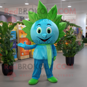 Turquoise Spinach mascot costume character dressed with a Flare Jeans and Ties