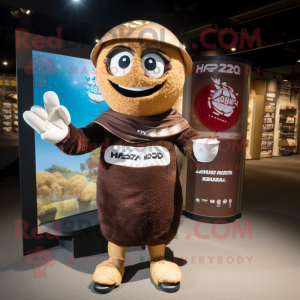 Brown Ramen mascot costume character dressed with a Rugby Shirt and Shawls