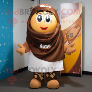 Brown Ramen mascot costume character dressed with a Rugby Shirt and Shawls