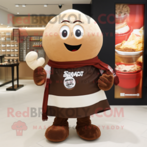 Brown Ramen mascot costume character dressed with a Rugby Shirt and Shawls