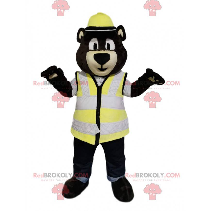 Mascotte dell'orso bruno con un casco e un giubbotto giallo -