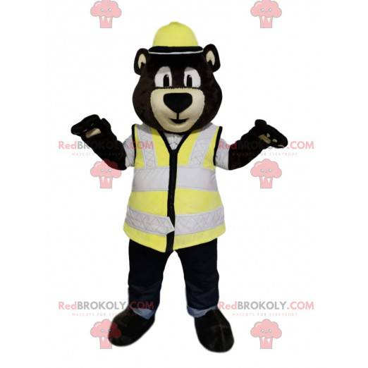 Mascote urso pardo com capacete e colete amarelo -