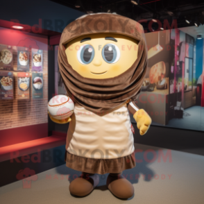 Brown Ramen mascot costume character dressed with a Rugby Shirt and Shawls