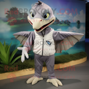 Gray Pterodactyl mascot costume character dressed with a Windbreaker and Foot pads