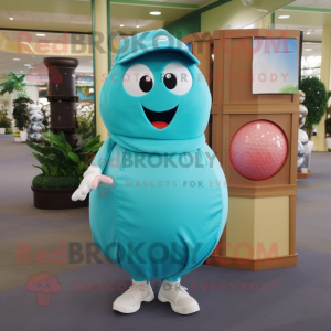 Turquoise Golf Ball mascot costume character dressed with a Ball Gown and Backpacks