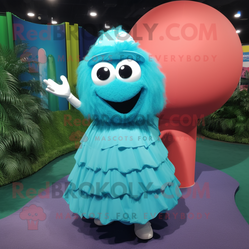 Turquoise Golf Ball mascot costume character dressed with a Ball Gown and Backpacks Turquoise Golf Ball mascot costume character dressed with a Ball Gown and Backpacks