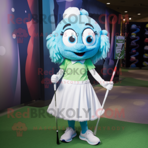 Turquoise Golf Ball mascot costume character dressed with a Ball Gown and Backpacks