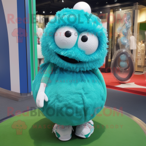 Turquoise Golf Ball mascot costume character dressed with a Ball Gown and Backpacks