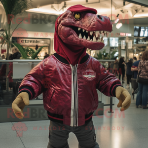 Maroon Tyrannosaurus mascot costume character dressed with a Bomber Jacket and Clutch bags