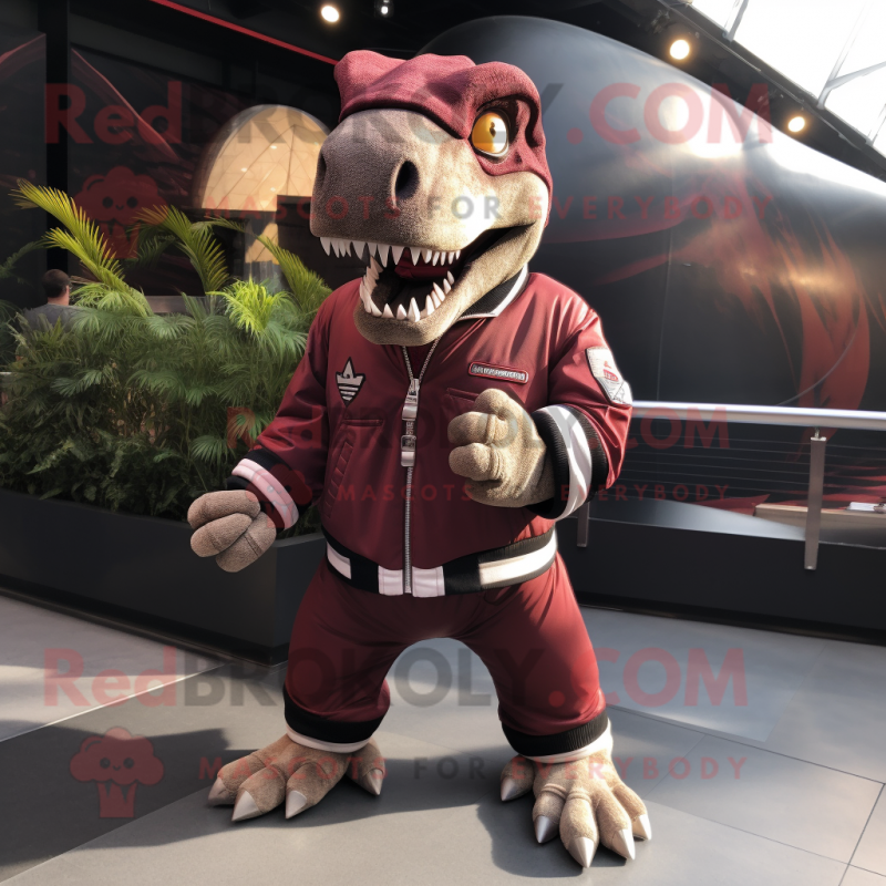 Maroon Tyrannosaurus mascot costume character dressed with a Bomber Jacket and Clutch bags