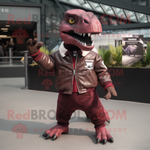 Maroon Tyrannosaurus mascot costume character dressed with a Bomber Jacket and Clutch bags