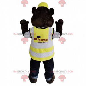 Mascotte d'ours marron avec un casque et un gilet jaune -