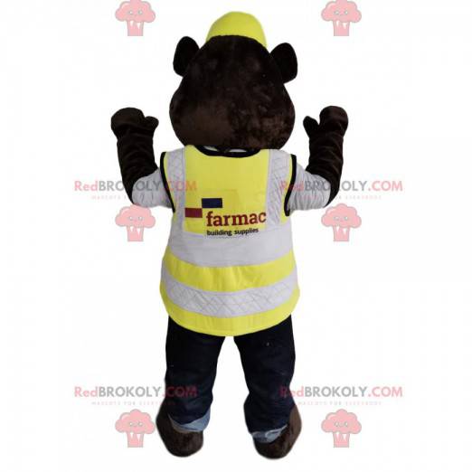 Mascote urso pardo com capacete e colete amarelo -