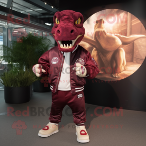Maroon Tyrannosaurus mascot costume character dressed with a Bomber Jacket and Clutch bags