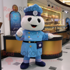 Blue Dim Sum mascot costume character dressed with a Parka and Bracelet watches