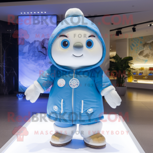 Blue Dim Sum mascot costume character dressed with a Parka and Bracelet watches