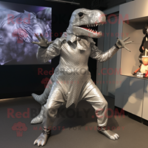 Silver Tyrannosaurus mascot costume character dressed with a Midi Dress and Cummerbunds